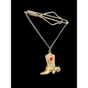 MEXICAN STERLING SILVER & 10K GOLD COWBOY BOOT TIE CLIP w SPUR Faceted Red Stone